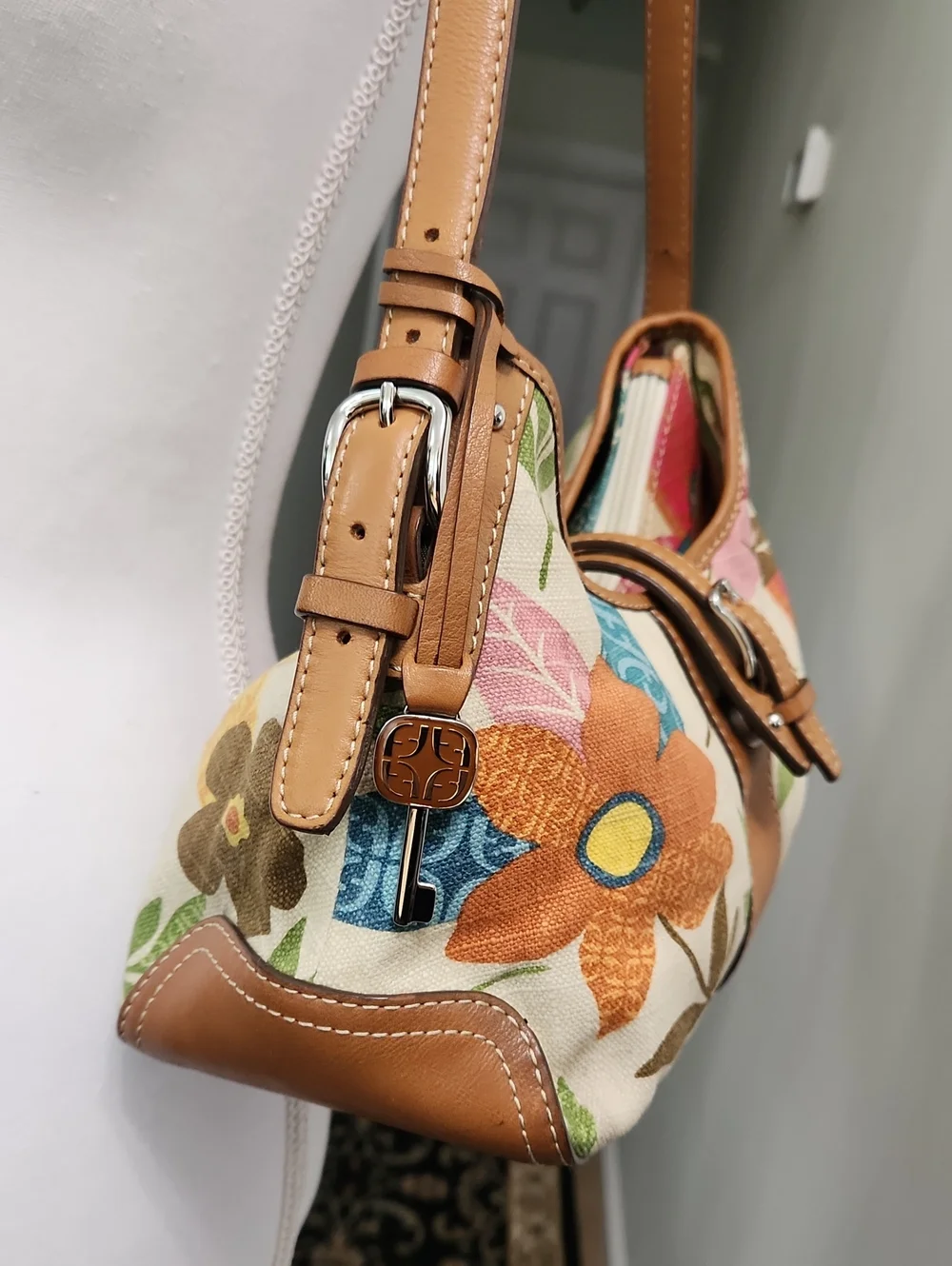 Vintage Fossil Floral Canvas Shoulder Bag Leather Trim Y2k - Picture 4 of 17
